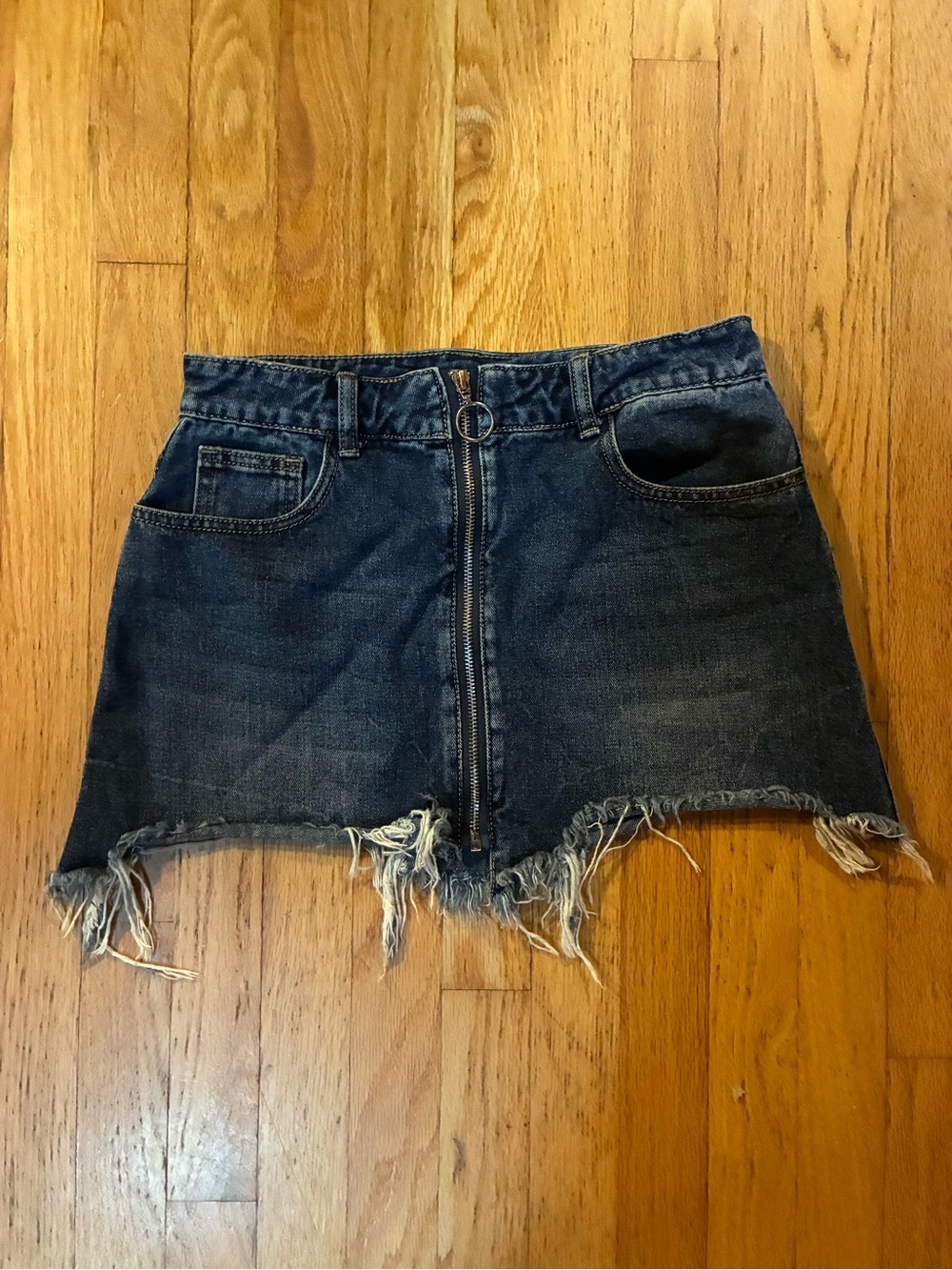Denim Mini Skirt with Front Zip and Frayed Hem - Dark Blue. Fits like size 4